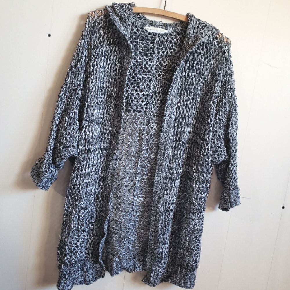 Lagenlook capsule minimalist black marled open knit hooded cardigan One Size